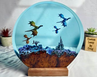 Fire and ice dragon resin lamp, diorama night light, epoxy art decoration, Christmas lamp, best gift, gift for him