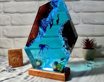 Octopus resin lamp, free divers resin night light, ocean decoration, custom night light, table decor, gift for her, gift for him