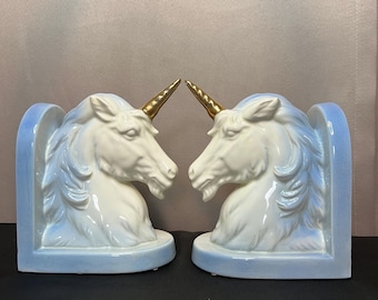 Vintage 1980s Unicorn Bookends Blue, White & Gold Ceramic Fantasy Pegasus Decorative