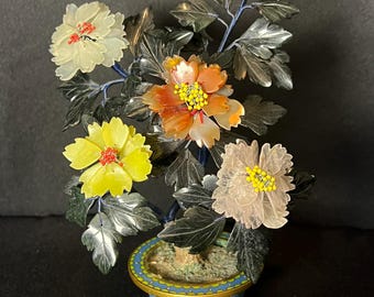 Antique Collectible Chinese Jade Bonsai Tree in Cloisonne Pot with colorful Peony Flowers