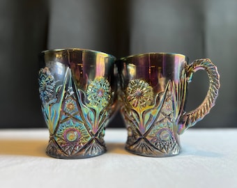 Vintage Imperial Glass 474 Peacock Revival Carnival Glass Mug Pair