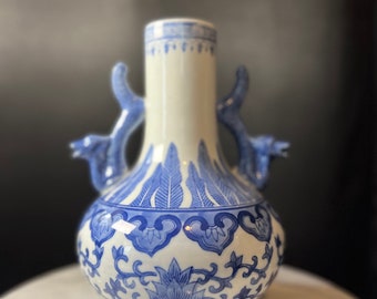 Vintage Blue & White Decorative Chinese Vase with Foo Dog Handles