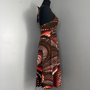 BCBG MaxAzria Halter Dress XS Brown Pink Abstract Print Ruched Empire Waist Midi image 5