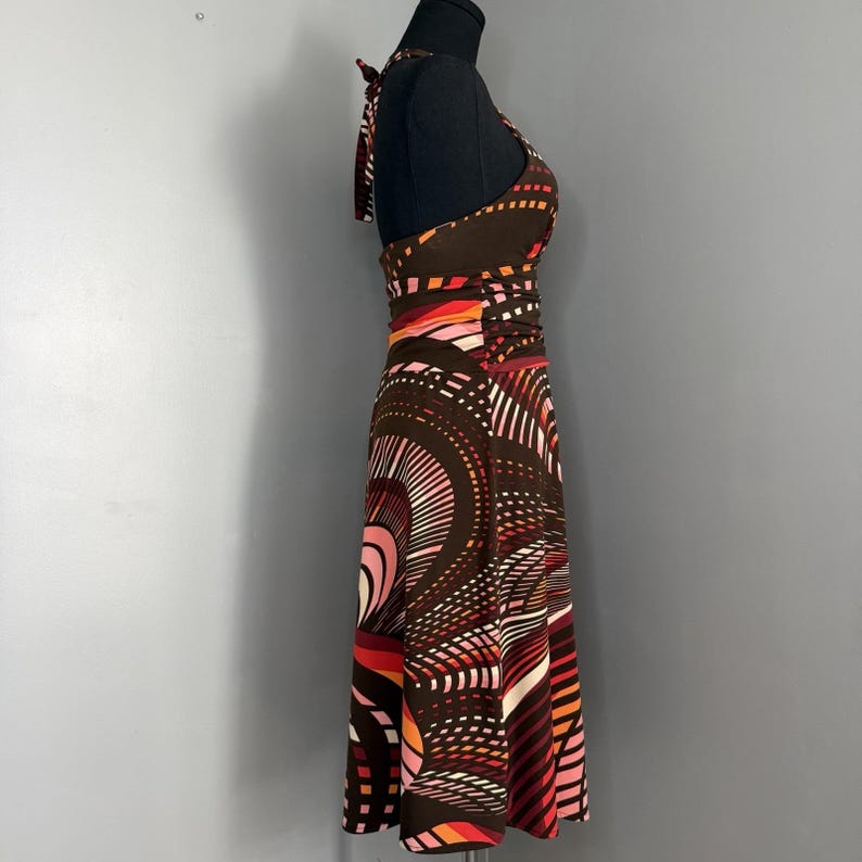 BCBG MaxAzria Halter Dress XS Brown Pink Abstract Print Ruched Empire Waist Midi image 5