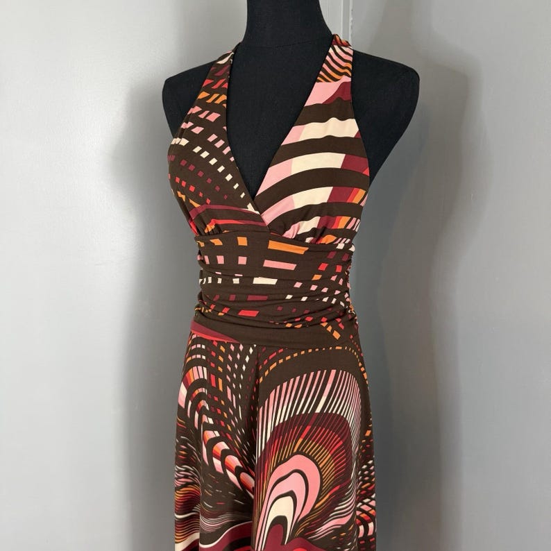 BCBG MaxAzria Halter Dress XS Brown Pink Abstract Print Ruched Empire Waist Midi image 3