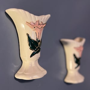 Vintage White Wall Pocket Pottery Vase Set Pink Flower Gold Outline