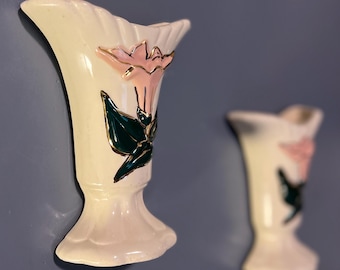 Vintage White Wall Pocket Pottery Vase Set Pink Flower Gold Outline