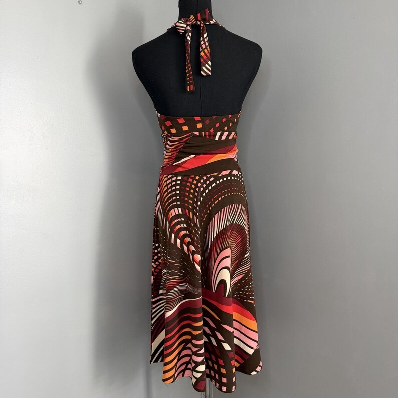 BCBG MaxAzria Halter Dress XS Brown Pink Abstract Print Ruched Empire Waist Midi image 6