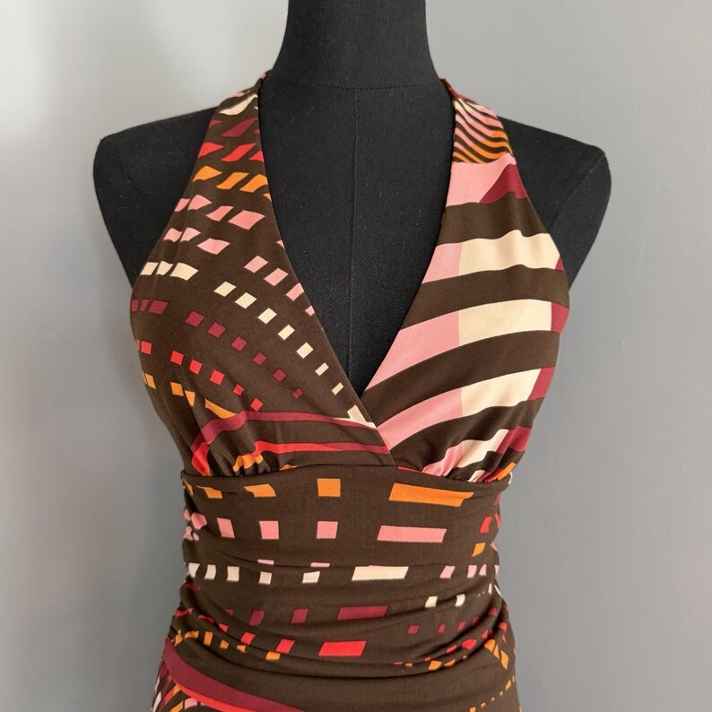BCBG MaxAzria Halter Dress XS Brown Pink Abstract Print Ruched Empire Waist Midi image 8