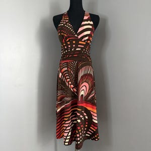 BCBG MaxAzria Halter Dress XS Brown Pink Abstract Print Ruched Empire Waist Midi image 4