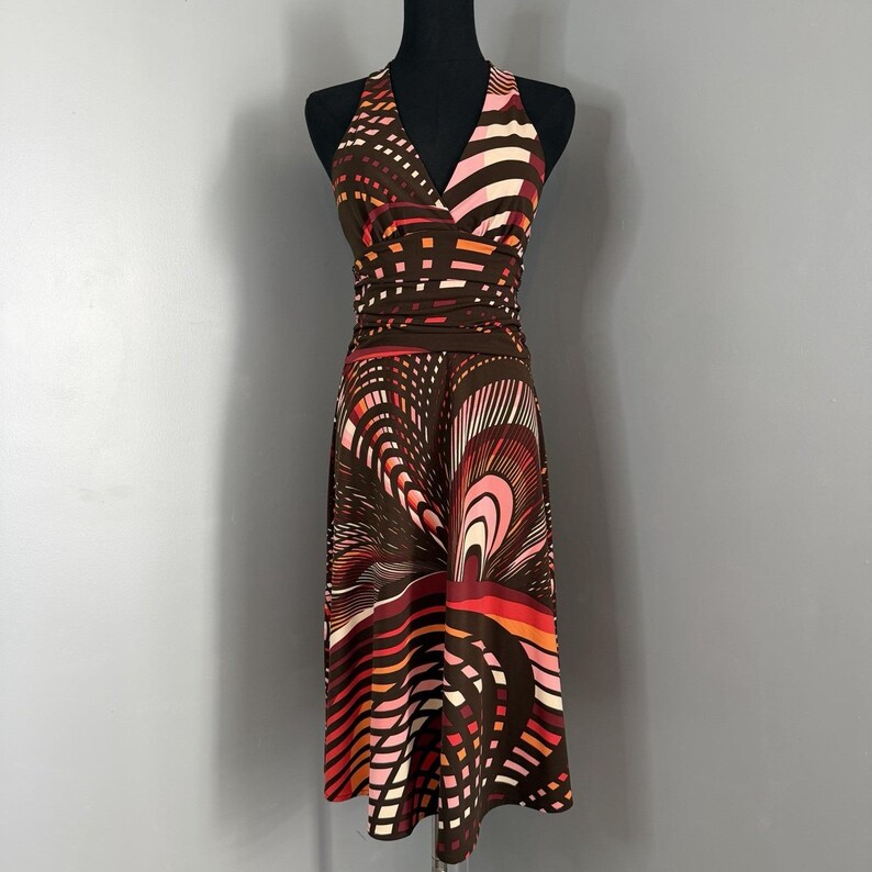 BCBG MaxAzria Halter Dress XS Brown Pink Abstract Print Ruched Empire Waist Midi image 4