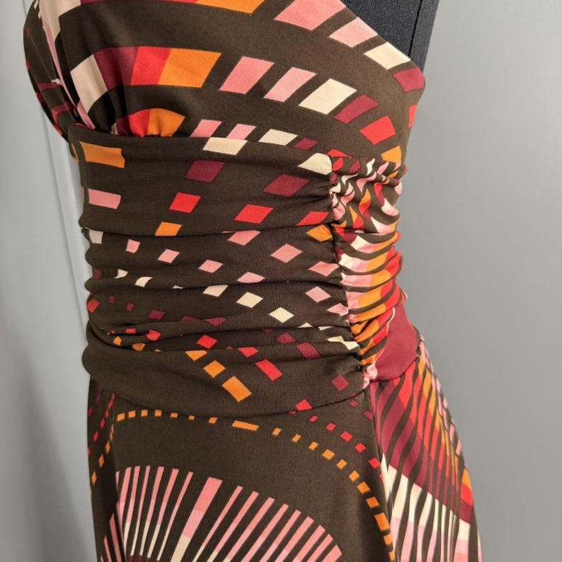 BCBG MaxAzria Halter Dress XS Brown Pink Abstract Print Ruched Empire Waist Midi image 7