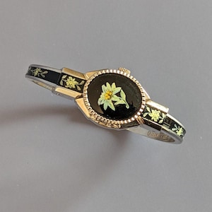 Vintage André Mouche Green Enamel Floral Design Bangle Watch, Concealed Dial