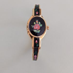 Vintage Itraco Gold Tone Bangle Peekaboo Watch Red Floral Enamel Working