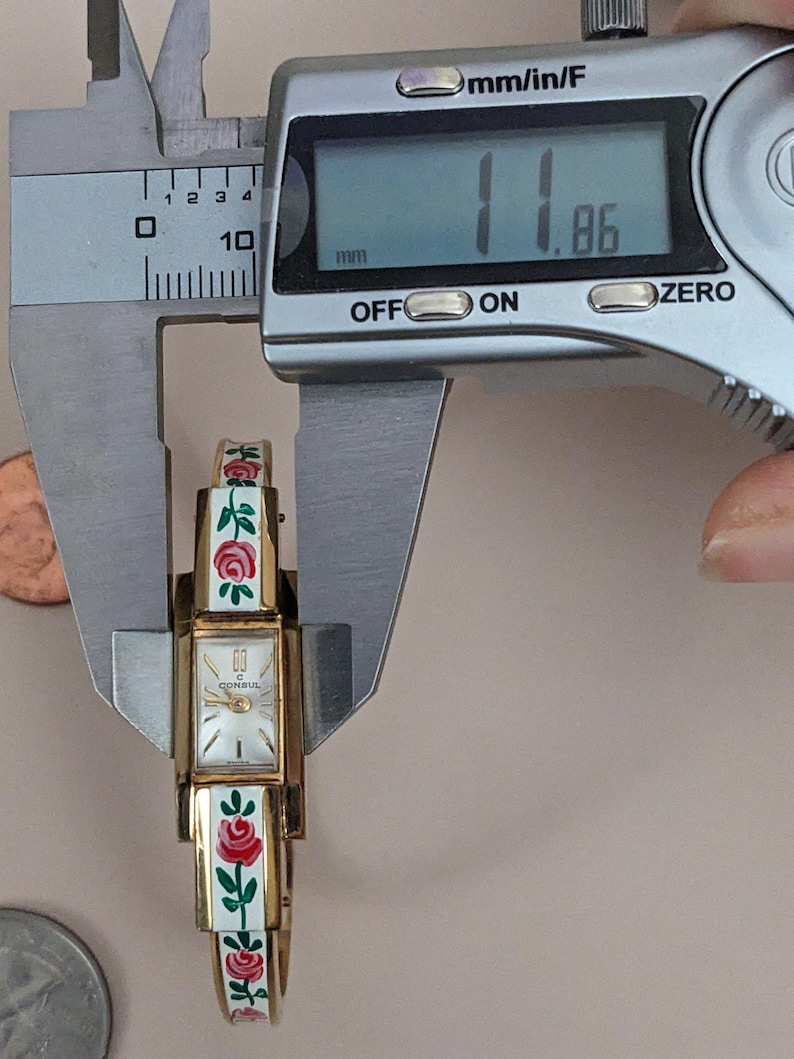 Vintage Consul Manual Gold Tone Watch White with Red Flower Enamel Working image 6
