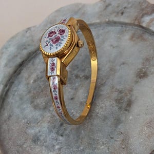 Vintage Andre Mouche Gold Tone Peekaboo Watch Grey Enamel Purple Flowers image 3