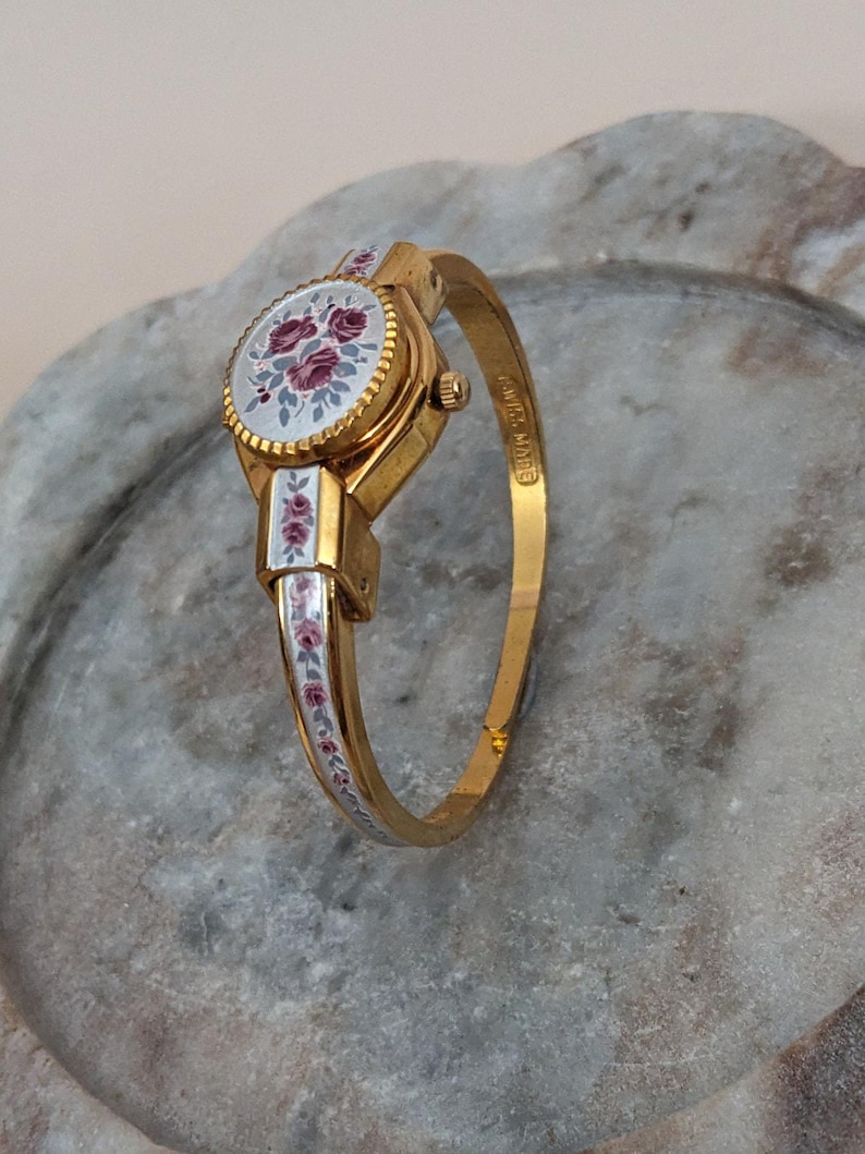 Vintage Andre Mouche Gold Tone Peekaboo Watch Grey Enamel Purple Flowers image 3