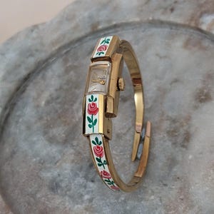 Vintage Consul Manual Gold Tone Watch White with Red Flower Enamel Working image 12