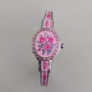 Vintage Andre Mouche Silver Tone Peek A Boo Bangle Watch, Pink Enamel Floral