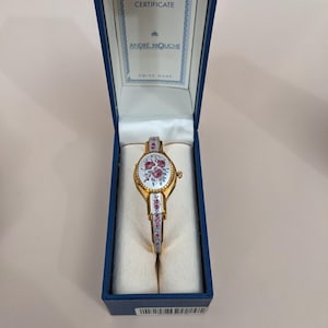 Vintage Andre Mouche Gold Tone Peekaboo Watch Grey Enamel Purple Flowers image 10