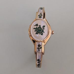 Vintage Andre Mouche Gold Tone Bangle Watch with Green Floral Enamel Working
