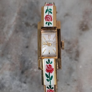 Vintage Consul Manual Gold Tone Watch White with Red Flower Enamel Working image 1