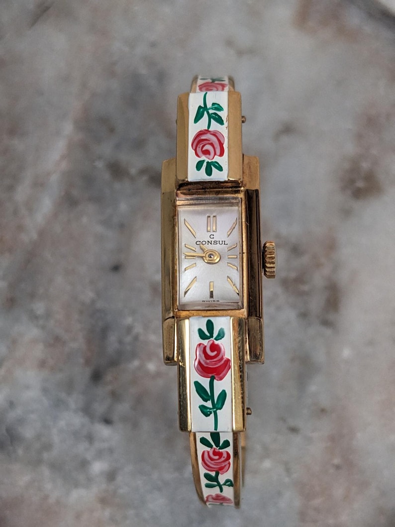 Vintage Consul Manual Gold Tone Watch White with Red Flower Enamel Working image 1