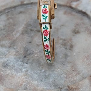 Vintage Consul Manual Gold Tone Watch White with Red Flower Enamel Working image 3