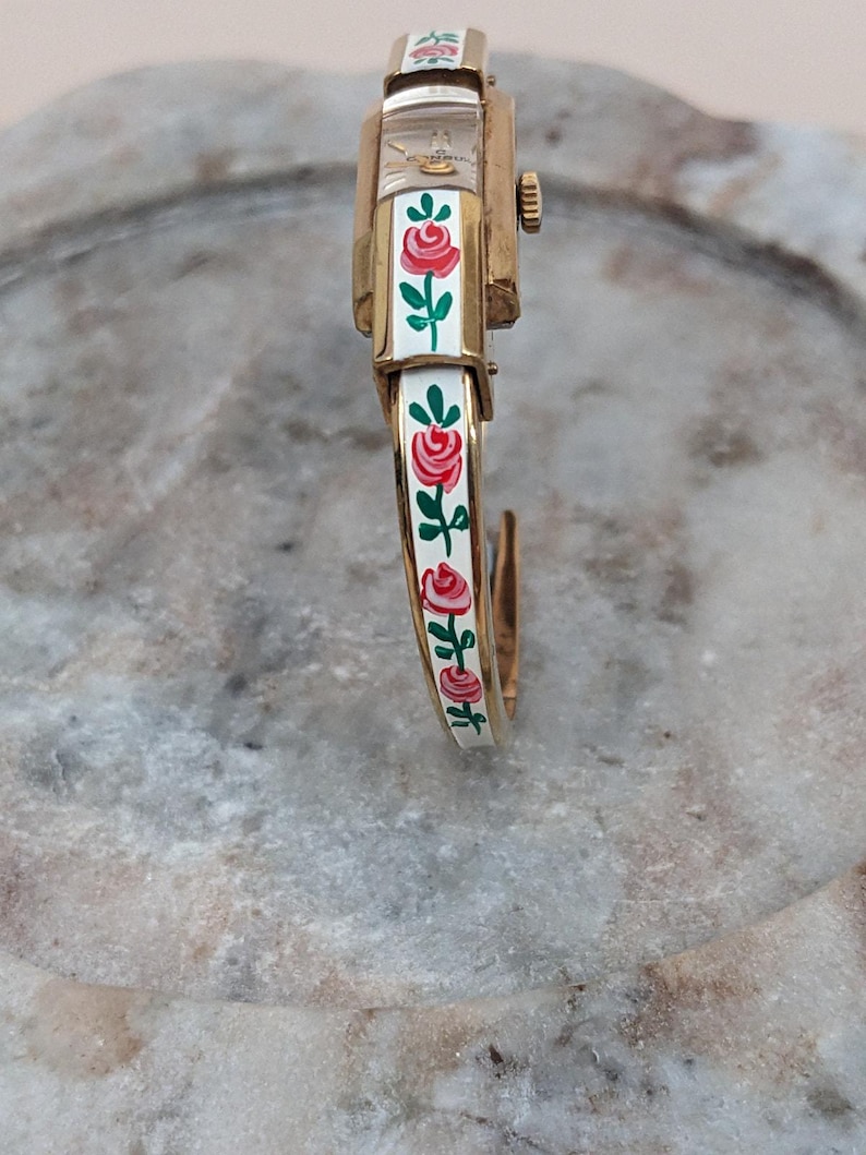 Vintage Consul Manual Gold Tone Watch White with Red Flower Enamel Working image 3