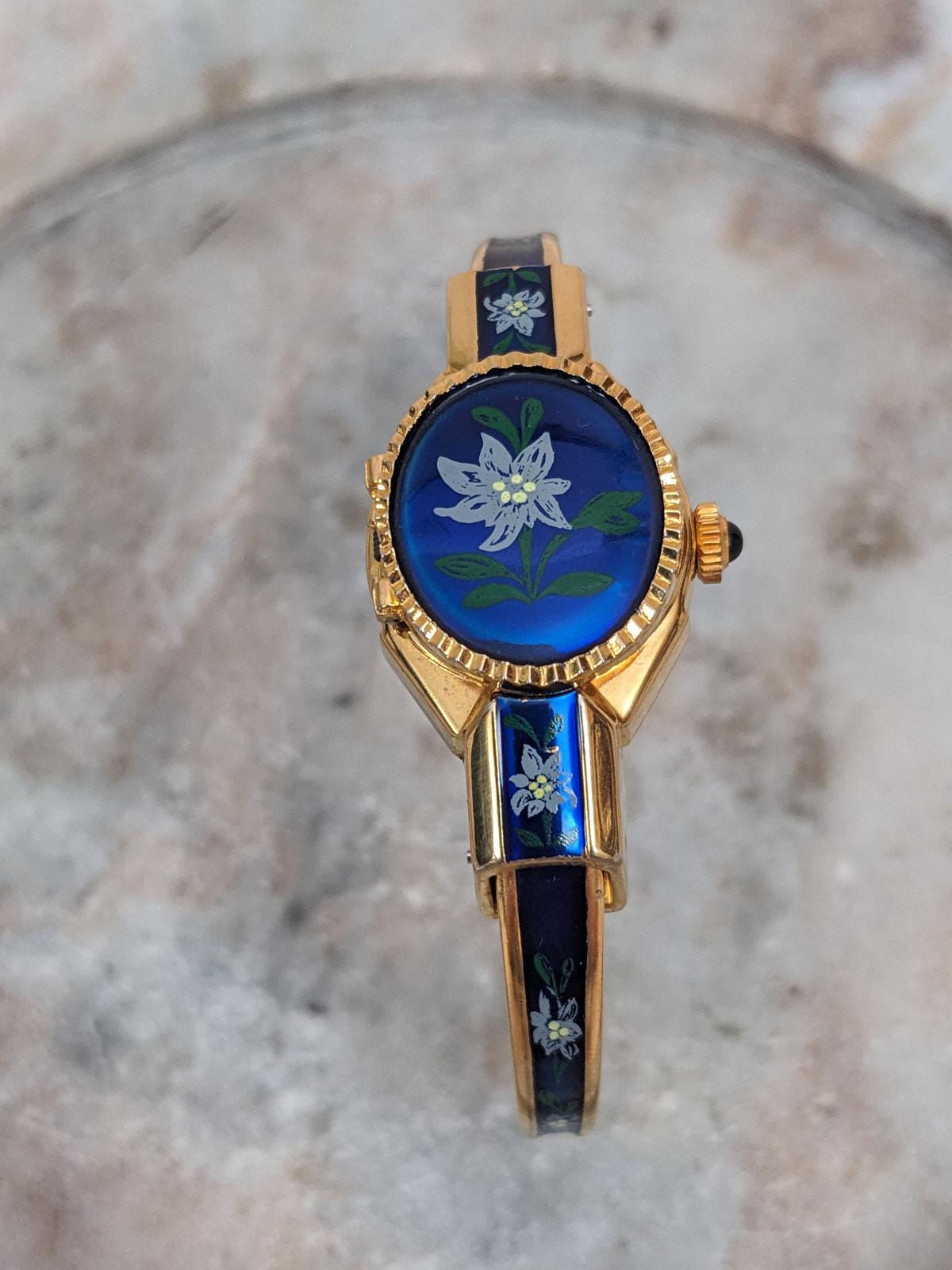 PEEKABOO Trachtenuhr Rare VTG Hand Painted Floral Enamel RAVISA Gold Tone Watch Chandler Peek-a-Boo Quartz Watch with Red Floral Enamel  main image 3