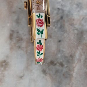 Vintage Consul Manual Gold Tone Watch White with Red Flower Enamel Working image 11