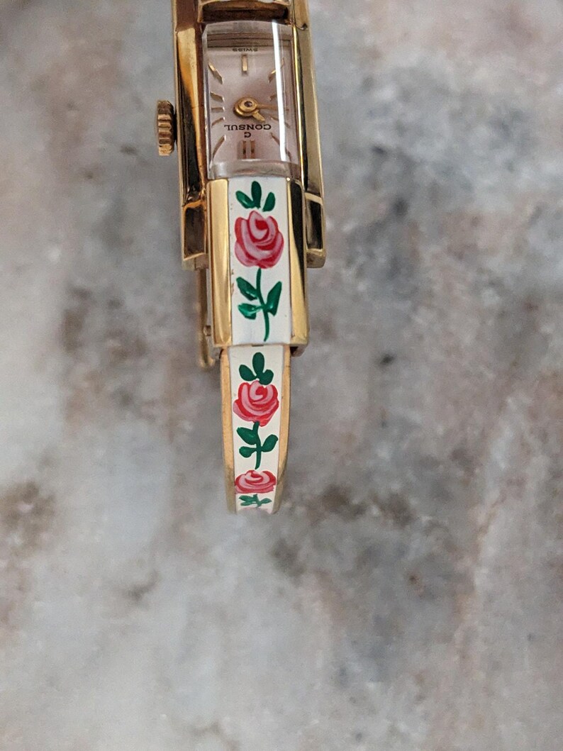 Vintage Consul Manual Gold Tone Watch White with Red Flower Enamel Working image 11