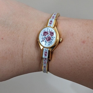 Vintage Andre Mouche Gold Tone Peekaboo Watch Grey Enamel Purple Flowers image 2