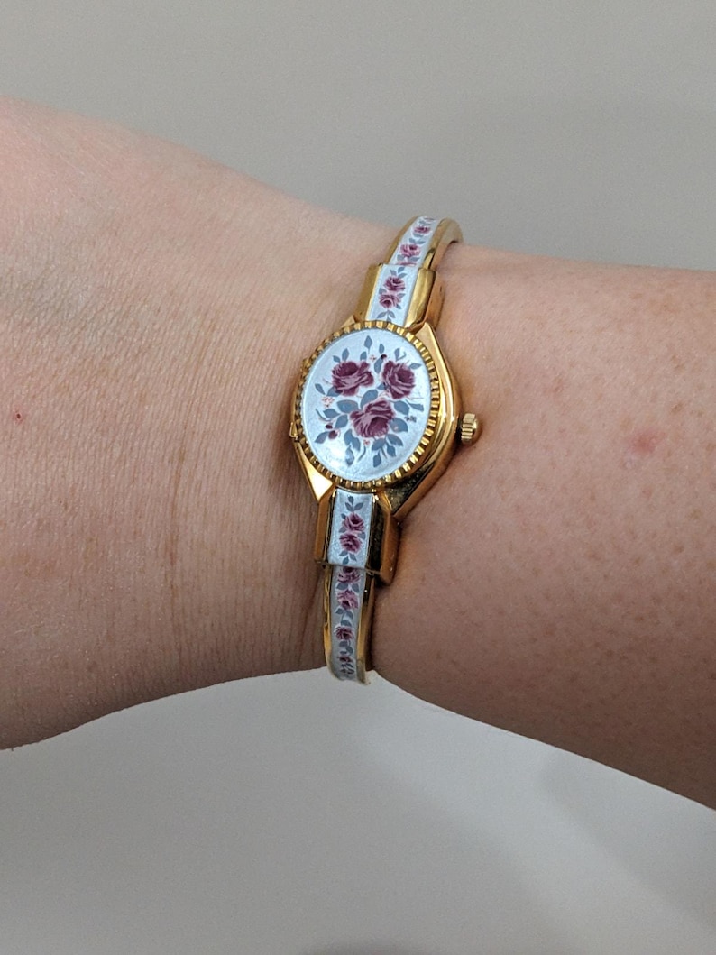 Vintage Andre Mouche Gold Tone Peekaboo Watch Grey Enamel Purple Flowers image 2