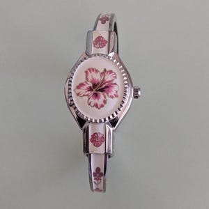 Vintage Andre Mouche Peekaboo Bangle Watch White Enamel PinkFlowers