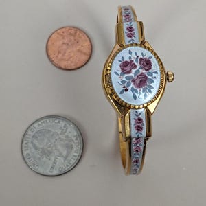 Vintage Andre Mouche Gold Tone Peekaboo Watch Grey Enamel Purple Flowers image 6