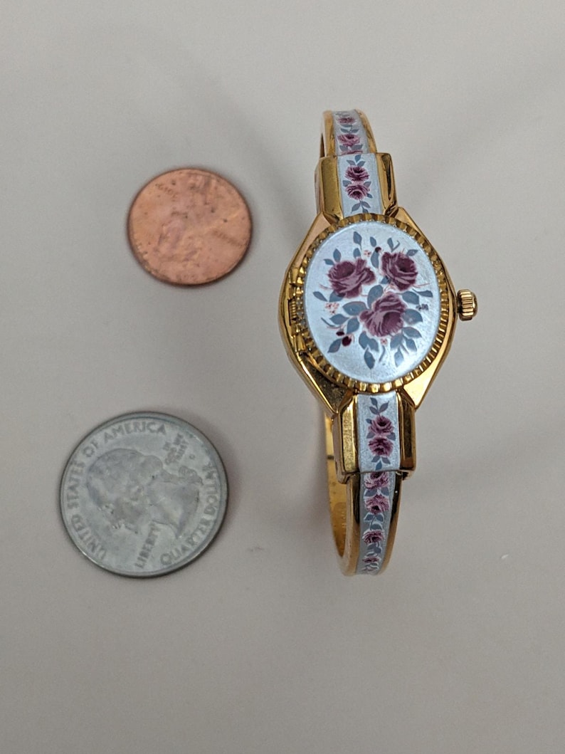 Vintage Andre Mouche Gold Tone Peekaboo Watch Grey Enamel Purple Flowers image 6