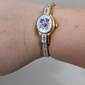 Vintage Andre Mouche Gold Tone Peekaboo Watch Grey Enamel Purple Flowers image 8