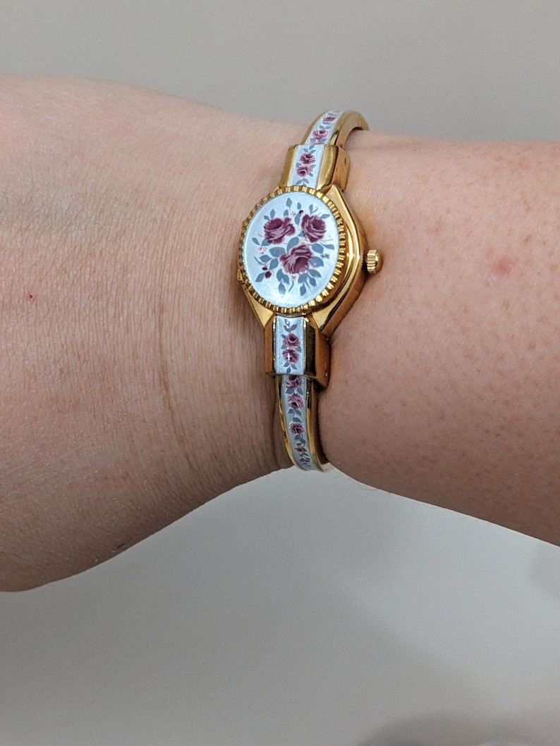 Vintage Andre Mouche Gold Tone Peekaboo Watch Grey Enamel Purple Flowers image 8