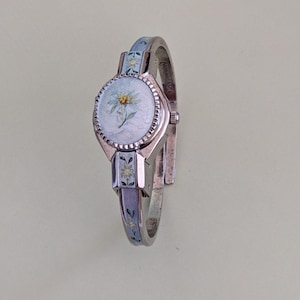 Vintage Andre Mouche Silver Tone Bangle Watch with Floral Enamel Working