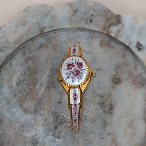 Vintage Andre Mouche Gold Tone Peekaboo Watch Grey Enamel Purple Flowers image 1