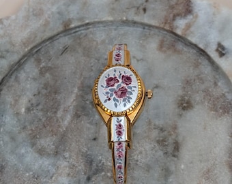 Vintage Andre Mouche Gold Tone Peekaboo Watch Grey Enamel Purple Flowers