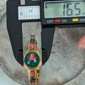 FLAW Vintage Chandler Gold Tone Peek a boo Watch Green Enamel Red Florals image 11