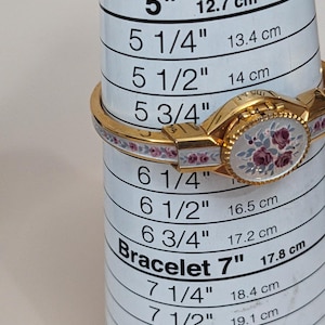 Vintage Andre Mouche Gold Tone Peekaboo Watch Grey Enamel Purple Flowers image 7