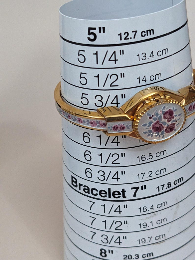 Vintage Andre Mouche Gold Tone Peekaboo Watch Grey Enamel Purple Flowers image 7