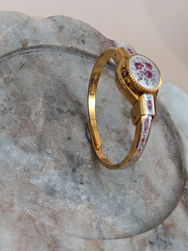 Vintage Andre Mouche Gold Tone Peekaboo Watch Grey Enamel Purple Flowers image 4