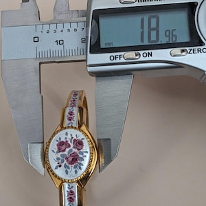 Vintage Andre Mouche Gold Tone Peekaboo Watch Grey Enamel Purple Flowers image 9