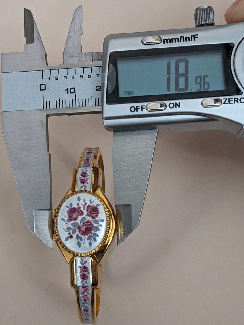 Vintage Andre Mouche Gold Tone Peekaboo Watch Grey Enamel Purple Flowers image 9