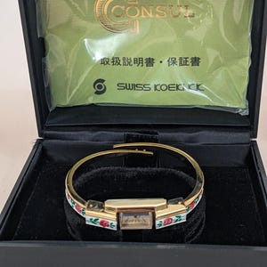 Vintage Consul Manual Gold Tone Watch White with Red Flower Enamel Working image 10