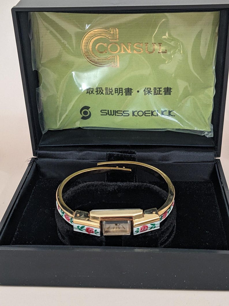 Vintage Consul Manual Gold Tone Watch White with Red Flower Enamel Working image 10